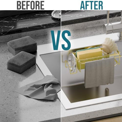 TAILI 4-in-1 Sponge Holder for Kitchen Sink with Strong Suction Cup-Gold | Removable Rustproof 304 Stainless Steel Multi-compartment Sponge Holder with Suction Cup, Keeps Brushes & Scrubbers Tidy - color: Gold, size: 7.28" x 2.36"