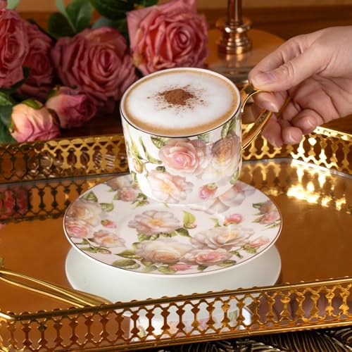 KAMMAK Tea Cups and Saucers Set of 2, Porcelain Coffee Cups, JBE027 | Stackable Espresso Mugs, Ceramic Demitasse for Coffee, Cappuccino, Latte, Americano, Tea - size: 8CZJBE027