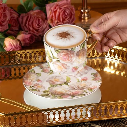KAMMAK Tea Cups and Saucers Set of 2, Porcelain Coffee Cups, JBE027 | Stackable Espresso Mugs, Ceramic Demitasse for Coffee, Cappuccino, Latte, Americano, Tea - size: 8CZJBE027