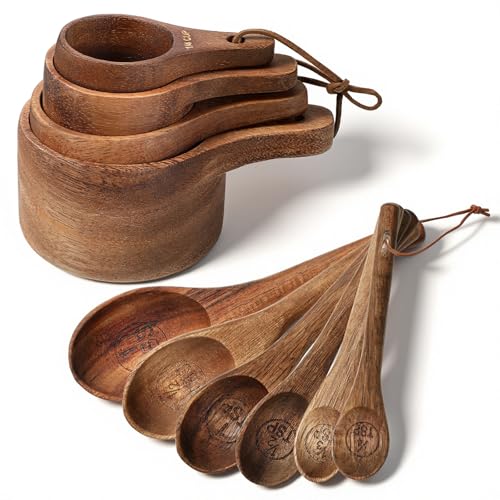 10-Piece Wooden Measuring Cups and Spoons Set, Handcrafted Acacia Wooden Measuring Cups - Solid Acacia Wood, Laser Engraved, Wood Rustic Kitchen Accessories for Baking, Cooking