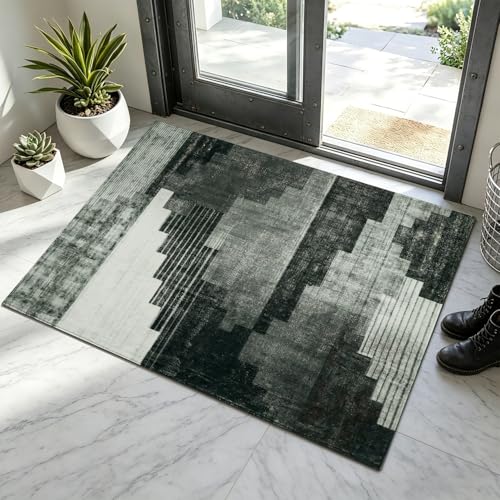 2'x3' Washable Entryway Rug Small Area Rugs Modern Abstract Accent Rug Monochrome Geometric Pattern Throw Rugs Non-Slip Low Pile Mat for Door Bedroom Bathroom Kitchen or Dorm Room Black Gray White - color: Color-blocked 01--black/Gray