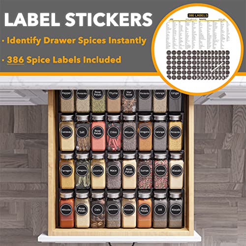 SpaceAid Spice Drawer Organizer with 32 Spice Jars, 386 Spice Labels, 4 Tier Seasoning Rack Tray Insert for Kitchen Drawers, 15" Wide x 17.5" Deep - size: 32 Jars, 15" Wide