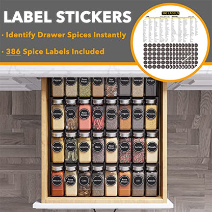 SpaceAid Spice Drawer Organizer with 32 Spice Jars, 386 Spice Labels, 4 Tier Seasoning Rack Tray Insert for Kitchen Drawers, 15" Wide x 17.5" Deep - size: 32 Jars, 15" Wide