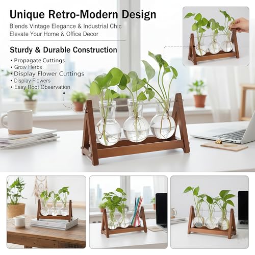 Plant Terrarium with Wooden Stand, 3 Bulb Glass Vase Metal Holder, Retro Hydroponics Planter for Home/Garden/Office Decor, for Women & Mom (1, Natural Wood, 3-Bulb)