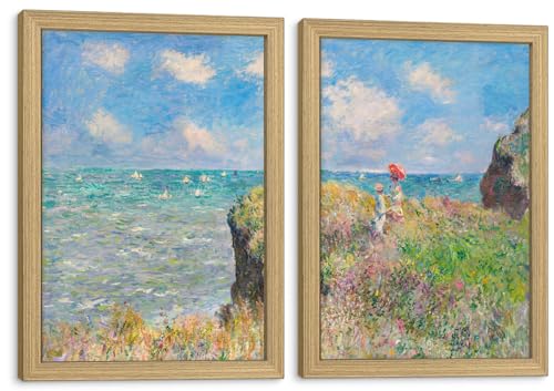 Monet Coastal Landscape Canvas Wall Art 2Pcs Framed Home Decor 12X16 Inch | Ready to Hang Vintage Impressionist Cliff scenery Painting Prints Picture Poster Living Room Bedroom Entryway Hallway Foyer - color: Impressionist Seaside 011, size: 16"L x 12"W