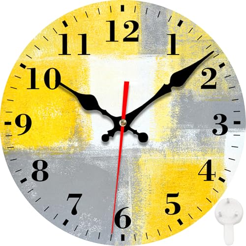 Wall Clock, Grey and Yellow Abstract Art Painting Silent Non Ticking Battery Operated Round Decorative Indoor Outdoor Clocks for Living Room Kitchen Bedroom Bathroom Patio 12" - color: Grey and Yellow Abstract Art Painting