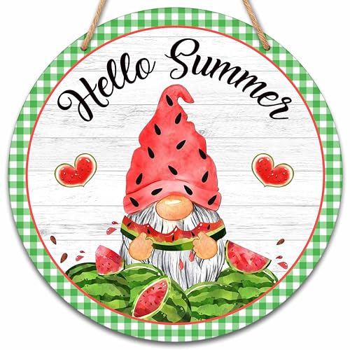 Summer Welcome Sign for Front Door, Hello Summer Wooden Signs Wall Decor, Watermelon Gnome Round Hanging Sign With Rope, Summer Decor For Home Front Door Porch, A09, 10X10inches - color: Watermelon