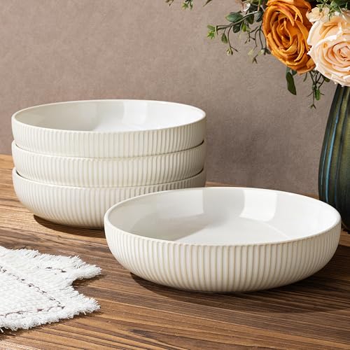 8.5" Ceramic Pasta Bowls Set of 4, Salad Bowls | Versatile Serving Bowls for Pasta, Salad, Fruit & Noodles, Housewarming & Wedding Gift, Reactive White - color: Reactive White, size: 8.5 Inch
