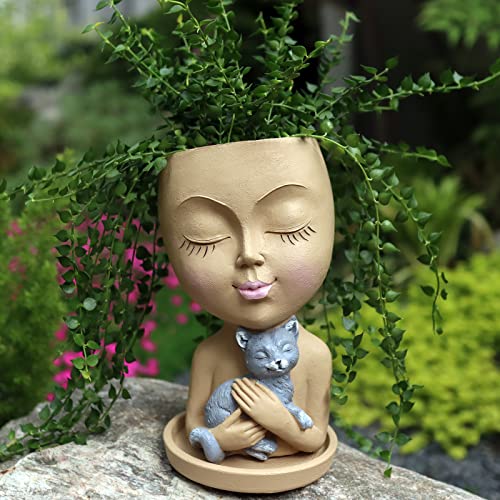 Dolkgy Cute Face Planter with Cat Head Planter Pot for Indoor Outdoor Plants, Succulent Planters with Drainage, Decorative Flower Pots for Home Garden Office Décor - color: Khaki Cat