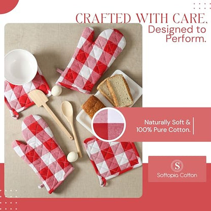 Oven Mitt & Pot Holder Buffalo Plaid Check 100% Cotton Heat Resistant Oven Gloves (7"x13") & Hot Pads (8"x8") Combo for Baking, Cooking - Red - color: Red, Buffalo Plaid