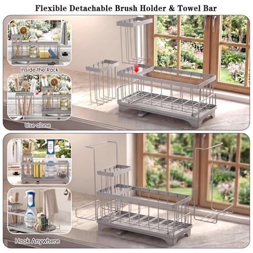 VOOWO Sponge Holder for Kitchen Sink, Compact Sink Caddy with Brush Holder | 304 Rustproof Stainless Steel Dish Soap Holder, Small Kitchen Sink Organizer, Self-Draining Dish Wand Holder with Towel Rack - color: Gray