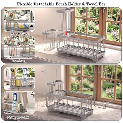 VOOWO Sponge Holder for Kitchen Sink, Compact Sink Caddy with Brush Holder | 304 Rustproof Stainless Steel Dish Soap Holder, Small Kitchen Sink Organizer, Self-Draining Dish Wand Holder with Towel Rack - color: Gray