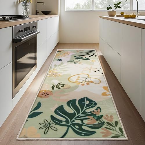 Joiedomi Hallway Runner Rug Washable 2'x 6' Non Slip Kitchen Rug with Rubber Backing Soft Art Floral Floor Carpet Runners for Entryway Laundry Bedroom Indoor (Green) - color: 02 - Green, size: 2'x6'