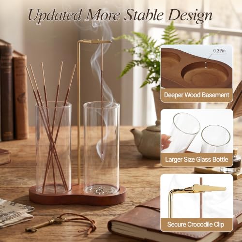 2 in 1 Incense Holder,Wood Incense Sticks Holder with Glass Ash Catcher and Brush,Upside Down Anti-Ash Incense Stick Burner for Spa,Meditation,Home Decor