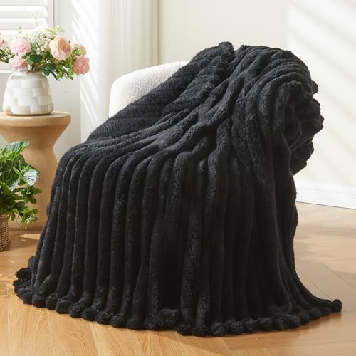 NEWCOSPLAY Fleece Ribbed Cozy Throw Blanket for Couch, Black, 50"x60" | Premium Silky Flannel Blanket, Soft Lightweight Fluffy Throw Blanket for Bed Sofa Decor, Gift for All Season Use - color: Black Ribbed, size: Throw(50"x60")