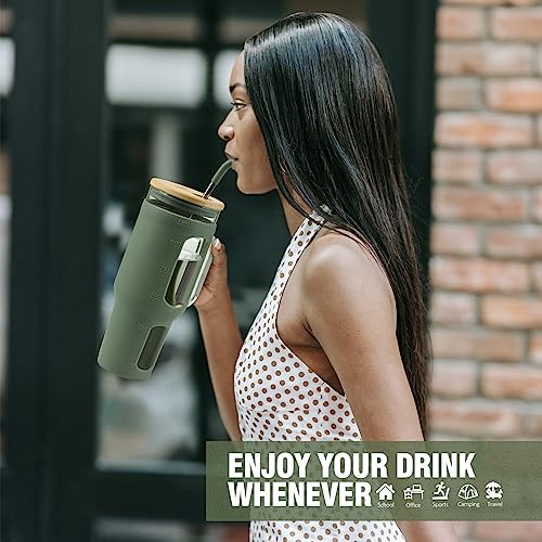 WINSA Glass Tumbler with Lid and Straw, 46 oz, Olive | Iced Coffee Cup with Handle, Large Water Bottle with Silicone Sleeve, Pearl Straw & Drinking Straw, BPA Free - color: Olive, size: 46 Ounces