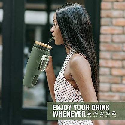 WINSA Glass Tumbler with Lid and Straw, 46 oz, Olive | Iced Coffee Cup with Handle, Large Water Bottle with Silicone Sleeve, Pearl Straw & Drinking Straw, BPA Free - color: Olive, size: 46 Ounces