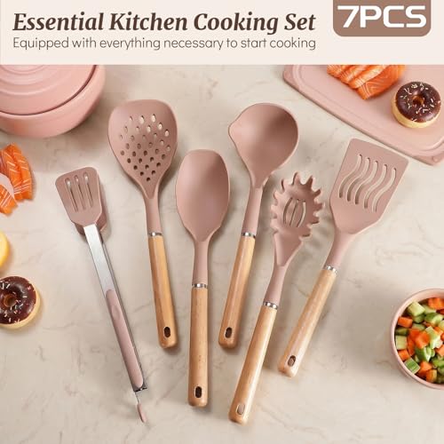 Chef Kitchen Cooking Utensils Set, Heat Resistant Silicone Kitchen Utensils Sets with Storage Rack, 7PCS Gadgets Tools Set with Wooden Handle for Nonstick Cookware,Tongs, Turner, Skimmer (Khaki) - color: Khaki