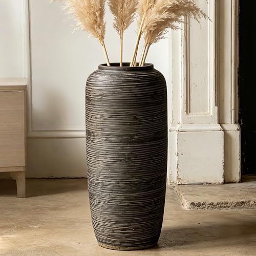 Brown Rustic Ceramic Floor Vase, 15.7 Inch, Ribbed Texture | Living Room, Entryway, Fireplace, Pampas Grass, Dried Branches - size: 15.7 Inch