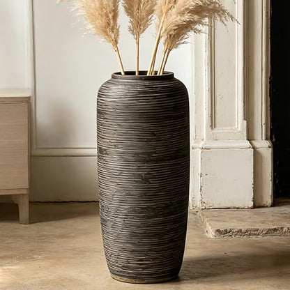 Brown Rustic Ceramic Floor Vase, 15.7 Inch, Ribbed Texture | Living Room, Entryway, Fireplace, Pampas Grass, Dried Branches - size: 15.7 Inch