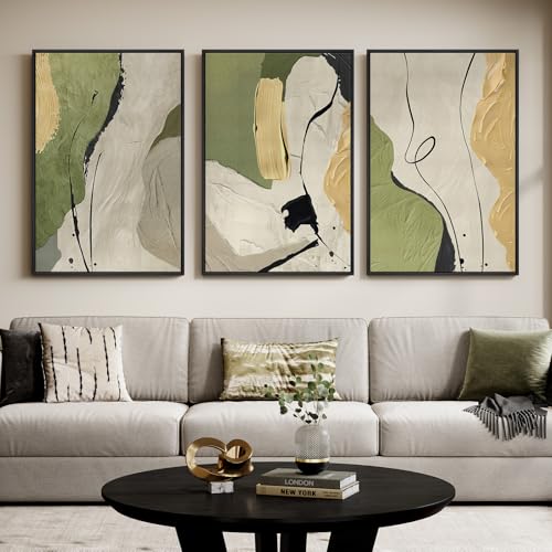 Large Framed Sage Green Abstract Wall Art for Living Room, 3 Piece 24x36 In | Gray yellow minimalist pictures, Canvas prints, Modern painting, Artwork for walls, Wall decor for bedroom dining room office - color: Peak Green, size: 24" W x 36" H x 3pcs