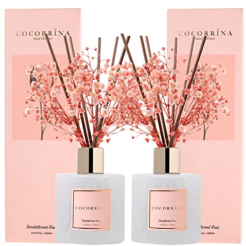 Premium Reed Diffuser Set with Preserved Baby's Breath & Cotton Stick Sandalwood Rose 2 Packs, 6.7oz Scent Fragrance Oil Diffuser for Bedroom Bathroom Home Décor - size: 6.7 Ounce/2pack