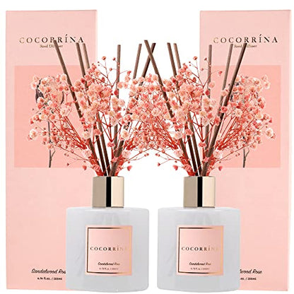 Premium Reed Diffuser Set with Preserved Baby's Breath & Cotton Stick Sandalwood Rose 2 Packs, 6.7oz Scent Fragrance Oil Diffuser for Bedroom Bathroom Home Décor - size: 6.7 Ounce/2pack