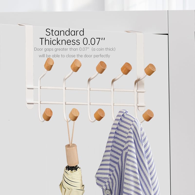 HYMIKO Over The Door Hooks,2 Packs Sturdy Metal Over Door Wooden Hooks Organizer Rack for Hanging Coats Hats Robes Towels,Bathroom Bedroom Door Hangers - White