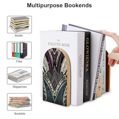 Art Deco Geometric Pattern Wood Bookend for Shelves 1 Pair | Large Beech Wooden Book Ends with Metal Base, Non-Slip Heavy Duty Bookends, Decorative Book Stopper for Home Office Library
