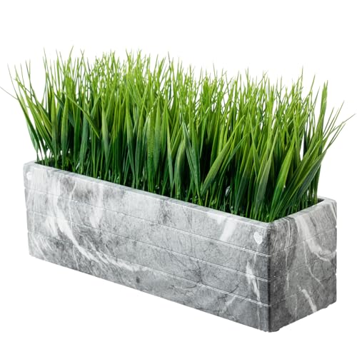 MyGift 14 Inch Artificial Green Grass Plant in Gray Marble Pattern Resin Ribbed Rectangle Planter, Faux Greenery Rectangular Cement Pot Centerpiece Home Décor - color: Gray Marble