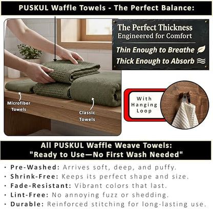 PÜSKÜL 2-Piece Natural 100% Turkish Cotton Waffle Bath Towels Extra-Large | Khaki Green 32x63" Bath Sheet Towel Light Soft Absorbent Quick-Dry Lint-Free Premium Honeycomb Weave Oeko-Tex Made in Turkiye - color: Khaki Green
