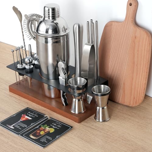 23-Piece Cocktail Shaker Set with Stand, 304 SS, Bartender Kit Gift | Complete Home Bar Set: Leak-proof Shaker, Jigger, Muddler, 18/8 Steel, Gift for beginners, cocktail lovers & house parties - color: Brown