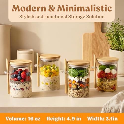 Overnight Oats Containers with Lids - Glass Mason Jars, Meal Prep | Bamboo Wood, Airtight Silicone Seal Set of 4 - Includes Spoons, 40 Labels for Chia Pudding, Yogurt, Cereal, Oatmeal - color: 4 pack - Bamboo Lid