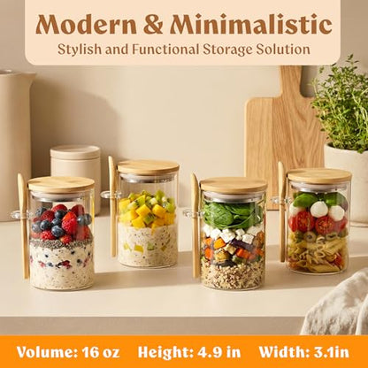 Overnight Oats Containers with Lids - Glass Mason Jars, Meal Prep | Bamboo Wood, Airtight Silicone Seal Set of 4 - Includes Spoons, 40 Labels for Chia Pudding, Yogurt, Cereal, Oatmeal - color: 4 pack - Bamboo Lid