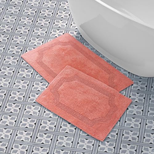 Laura Ashley - Reversible Cotton Bath Mat, Premium Bathroom Décor, Machine Washable Bathroom Rug, Highly Absorbent, 17"x24"/20"x32" 2-Piece Set, Coral - color: Coral, size: 1'8" x 2'8" (Rectangular)