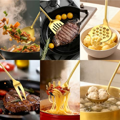 Izurok 18/10 Stainless Steel Kitchen Utensils Set,10 Piece Cooking Utensils With Wood Handle,Heat Resistant Kitchen Tool Set With Spatula,Spoon,Ladle,Skimmer,Slotted Turners,Pasta,Turner,Ladl,Fork - color: GOLD-10 Pieces, size: Small
