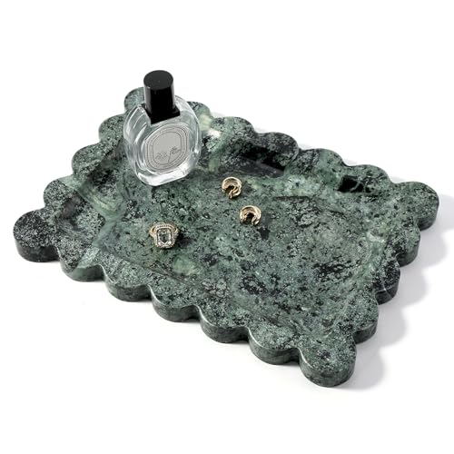 Scalloped Marble Tray, 11"x8" Marble Vanity Tray for Countertop Bathroom Kitchen Dresser, Natural Stone Tray for Jewelry Perfume Home Decor, Decorative Catchall Trays(Green) - color: Green, size: 11" x 7.9" x 0.7"
