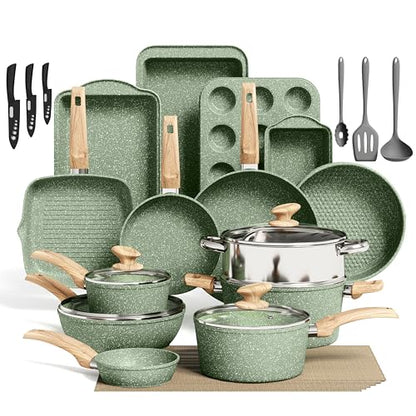 Kitchen Academy 30pcs Pots and Pans, Nonstick Cookware and Bakeware Sets | Induction Kitchen Cooking Set, Durable, Easy Food Release, Even Heating - color: Green, size: 30 PCS Cookware Set