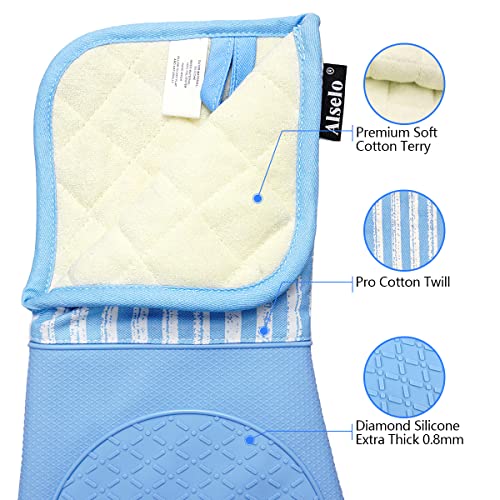 Alselo Silicone Oven Mitts Heat Resistant 932℉ with Waterproof & Non-Slip | Kitchen Mittens Set of 2,Extra Long Oven Gloves with Soft Cotton Terry Lining for Baking Cooking Barbecue (Blue,2) - color: Blue