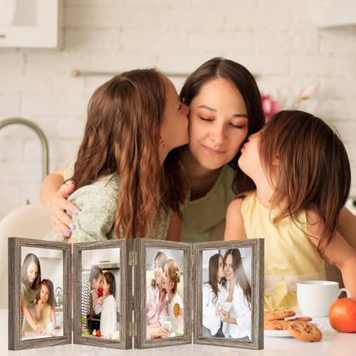 POILKMNI 4x6 In Four Picture Frame 4 Hinged Photo Frame with 4 Openings | Natural Wood Foldable Photo Frame High Definition Acrylic for Mothers Day Father's Day Christmas Gift, Family Picture, Gray - color: Gray, size: 4x6