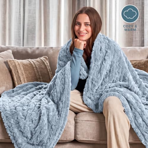 Bare Home Faux Shearling Blanket (Full/Queen, Cable Dusty Blue) | Blanket for Bed, Sofa, Couch, Camping, Travel, and Gifts, Warm & Lightweight, Fluffy & Soft - color: 12 - Cable Dusty Blue, size: Full/Queen