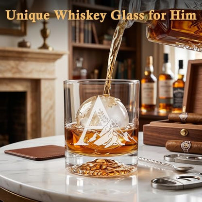 Personalized Whiskey Glass Gift Set for Men – Monogrammed Initial Rocks Glass with Slate Coaster, Wooden Box & Whiskey Stones, Birthday Father's Day for Him Dad Husband - style: A