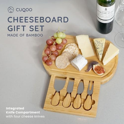 CUQOO Oak Wooden Cheese Board Set with 4 Knives Slide Out Drawer – Large Cheese Platter Cutting for Cracker and Meat | Wooden Serving Plate Tray | Unique Housewarming Gift for Christmas & Birthday