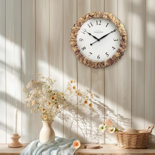 Farmhouse Series, Rustic Woven Clock | 14-Inch Natural Woven Water Hyacinth/Seagrass Wall Clock, Wall Art for Home & Farmhouse Décor - size: 14 inch