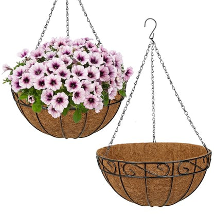 2 Pack 14 inch Metal Hanging Baskets for Plants, Round Metal Wire Hanging Basket Planter with Coco Fiber Liners Chain for Garden Home Porch Patio, Flower Border - size: 14" x 2 Pack, style: Flower Border