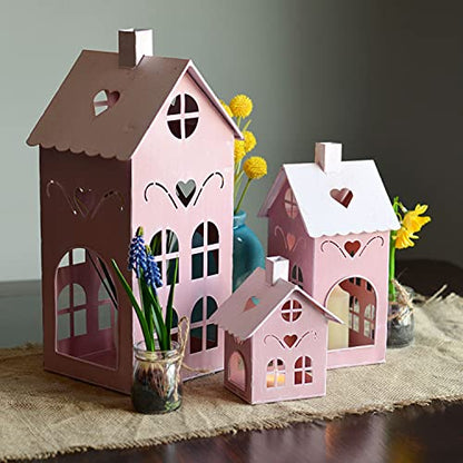 Pop Pink Town House Candle Lanterns, Set of 3, Metal, 15.75, 10.25, and 6 Inches Tall, - color: Pink