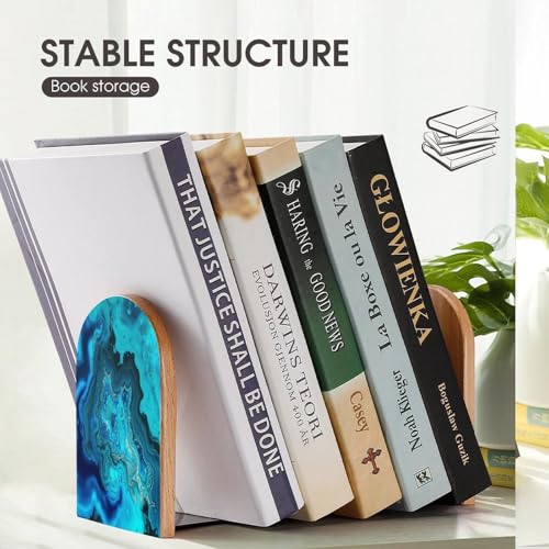 Bright Aqua Blue Turquoise Book Ends for Shelves Decorative Wooden Bookends Heavy Duty Non-Skid Book Stopper Modern Book Holder Cute Book Organizer for Home Office Library Desk Decor