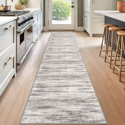 KOZYFLY Modern Abstract Hallway Runner, 2x12 Washable Rug Runner Non-Slip Soft Striped Kitchen Runner Rug, Grey/Light Beige/Brown Print Carpet for Entryway Bathroom - color: Grey/Light Beige/Brown, size: 2' x 12' (Runner)