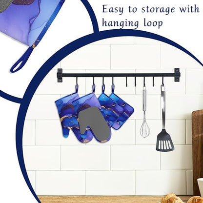 Blue Purple Gold Marble Oven Mitts and Pot Holders Sets of 4 Abstract Heat Resistant Silicone Oven Mits Gloves Non-Slip Kitchen Mittens Potholders for Cooking Baking Grilling BBQ - color: Blue Purple Gold Marble,abstract