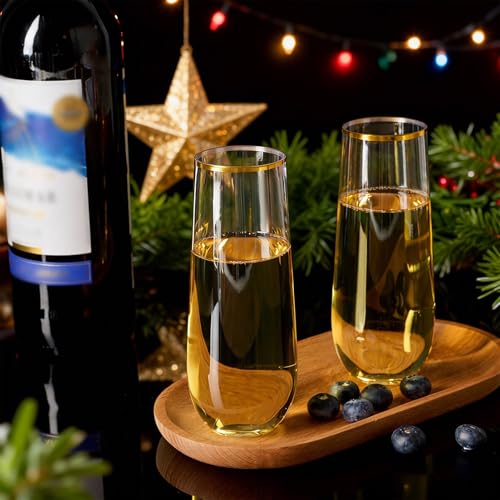 FOCUSLINE 24 Pack 9 Oz Plastic Stemless Gold Rim Champagne Flutes, Heavy Duty, Shatterproof, Disposable & Reusable Crystal Clear Toasting Glasses - color: Gold Rim Plastic Champagne Flutes